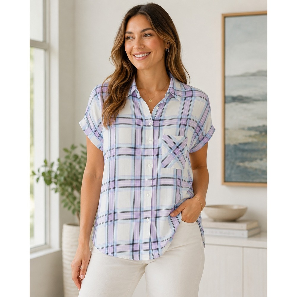 Pastel Lavender Blue Plaid Button-Up Shirt 10 Rayon‎ Short Sleeve Cottagecore